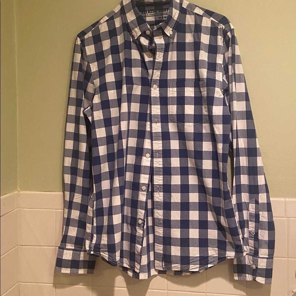 💙Mens Old Navy “The Classic Shirt” Slim Fit Buffalo Plaid Shirt Navy/Wht, Size M